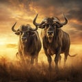 Two wildebeests stands on reare Royalty Free Stock Photo