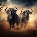 Two wildebeests stands on reare Royalty Free Stock Photo