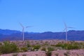 Two wind turbines in the desert in spring with mountains and clear blue sky