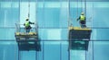 Two Window Cleaners Suspended from a High-Rise Building Royalty Free Stock Photo