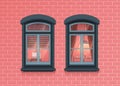 Two windows frames view on house pink brick wall