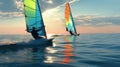 Two windsurfers racing on the open water at sunset, colorful sails flying Royalty Free Stock Photo