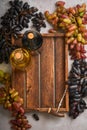 Two Wine bottles with grapes and wineglasses on old gray concrete table background with copy space. Red wine with a vine branch. Royalty Free Stock Photo