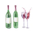 Two wine bottles and two wineglasses with splashing red wine