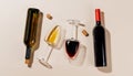 Two wine glasses alongside a bottles and several corks Royalty Free Stock Photo