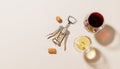 Two wine glasses alongside a corkscrew and several corks Royalty Free Stock Photo