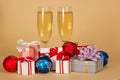 Two wine glasses with champagne, charming gift Royalty Free Stock Photo