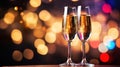 Two wine glasses for champagne with Sparkling drink, with bokeh on background in the nighttime sky. Festive atmosphere of New Year