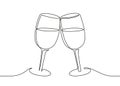 Two wine glasses clink, continuous black one line drawing. Vector illustration