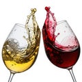 Two wine glasses clinking together with splashes of red and white wine isolated on white background Royalty Free Stock Photo