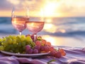 two wine glasses with grape fruit with sea beach, AIgenerated Royalty Free Stock Photo