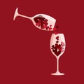 Two wine glasses with hearts. Many little red hearts pour from one glass to another. Valentines day concept. Vector