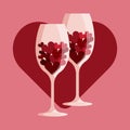 Two wine glasses with hearts. Many little red hearts in two wine glasses. Valentines day concept. Vector illustration.