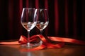 two wine glasses interlinked with a red satin ribbon