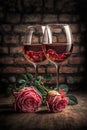 Two wine glasses and pink roses. Concept of a romantic date in a restaurant. Valentine's dinner. Generative AI