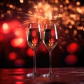 Two Wine Glasses On Red Background Of Fireworks With Empty Space. Generative AI Royalty Free Stock Photo