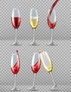 Two wine glasses with red and white wine in celebratory toast