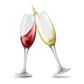 Two wine glasses with red and white wine in celebratory toast