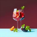 Two wine glasses with red wine spanish traditional fruity sangria gourmet cocktail drink on trendy colorful background, copy space Royalty Free Stock Photo