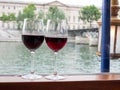 Two wine glasses on river cruise Royalty Free Stock Photo