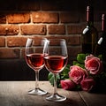 Two wine glasses of rose wine on brick background, bouquet of red roses for romantic evening for Valentines day surprise, marriage Royalty Free Stock Photo