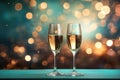 Two Wine Glasses On Soft Aqua Color Background Of Fireworks With Empty Space. Celebration Of The City Day. Generative AI