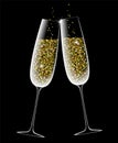Two wine glasses with sparkling champagne golden glow Valentines day