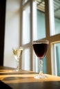 Two wine glasses with splash of red and white wine Royalty Free Stock Photo