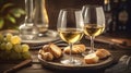 Two wine glasses of vintage chardonnay with delicious appetizers. Couple of glasses of white wine, italian breadsticks, figs and