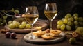 Two wine glasses of vintage chardonnay with delicious appetizers. Couple of glasses of white wine, italian breadsticks