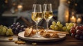 Two wine glasses of vintage chardonnay with delicious appetizers. Couple of glasses of white wine, italian breadsticks