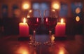 two wine glasses waiting near candles next to two candlesticks on a table