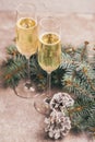 Two wineglasses of champage with Christmas tree branches