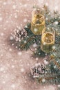 Two wineglasses of champagne with Christmas tree branches