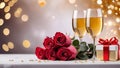 Two wineglasses with champagne,gift box and bouquet of red roses on bokeh background. Royalty Free Stock Photo