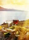 Two wineglasses, cheese and grapes Royalty Free Stock Photo