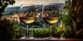 Two wineglasses filled with white wine. Vineyards and Italian village on the hills at backdrop in blur. Generative AI Royalty Free Stock Photo