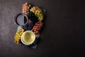 Two wineglasses with red and white wine, bottles and grapes on dark wooden background. Royalty Free Stock Photo