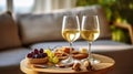 Two wineglasses of vintage chardonnay with delicious appetizers. Couple of glasses of white wine, italian breadsticks, and grapes