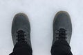 Two winter boots with lacing on the snow top view Royalty Free Stock Photo