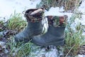 Two winter boots made of green rubber and spotted fabric Royalty Free Stock Photo