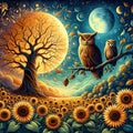 Two wise owl in a moon night perched on a branch of tree, with sunflowers blooming field, beautiful glow, bold painting Royalty Free Stock Photo