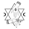 Two witch hands with key and lock over the six pointed star line art boho chic tattoo, poster, tapestry or altar veil