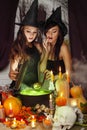 Two witches brew potion Royalty Free Stock Photo