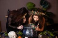 Two witches with tousled hair brew a potion in a cauldron with rats, halloween concept