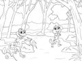 two wizard kids running at jungle line art illustration