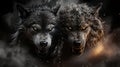 Two wolfs with glowing eyes in the dark. Generative AI image. Royalty Free Stock Photo