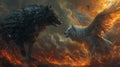 Two wolves fighting in a fiery landscape with flames and fire, AI