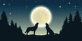 Two wolves howl at the full moon in forest landscape