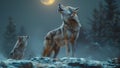 Two wolves howl at the moon in the dark woods, creating a mystical atmosphere